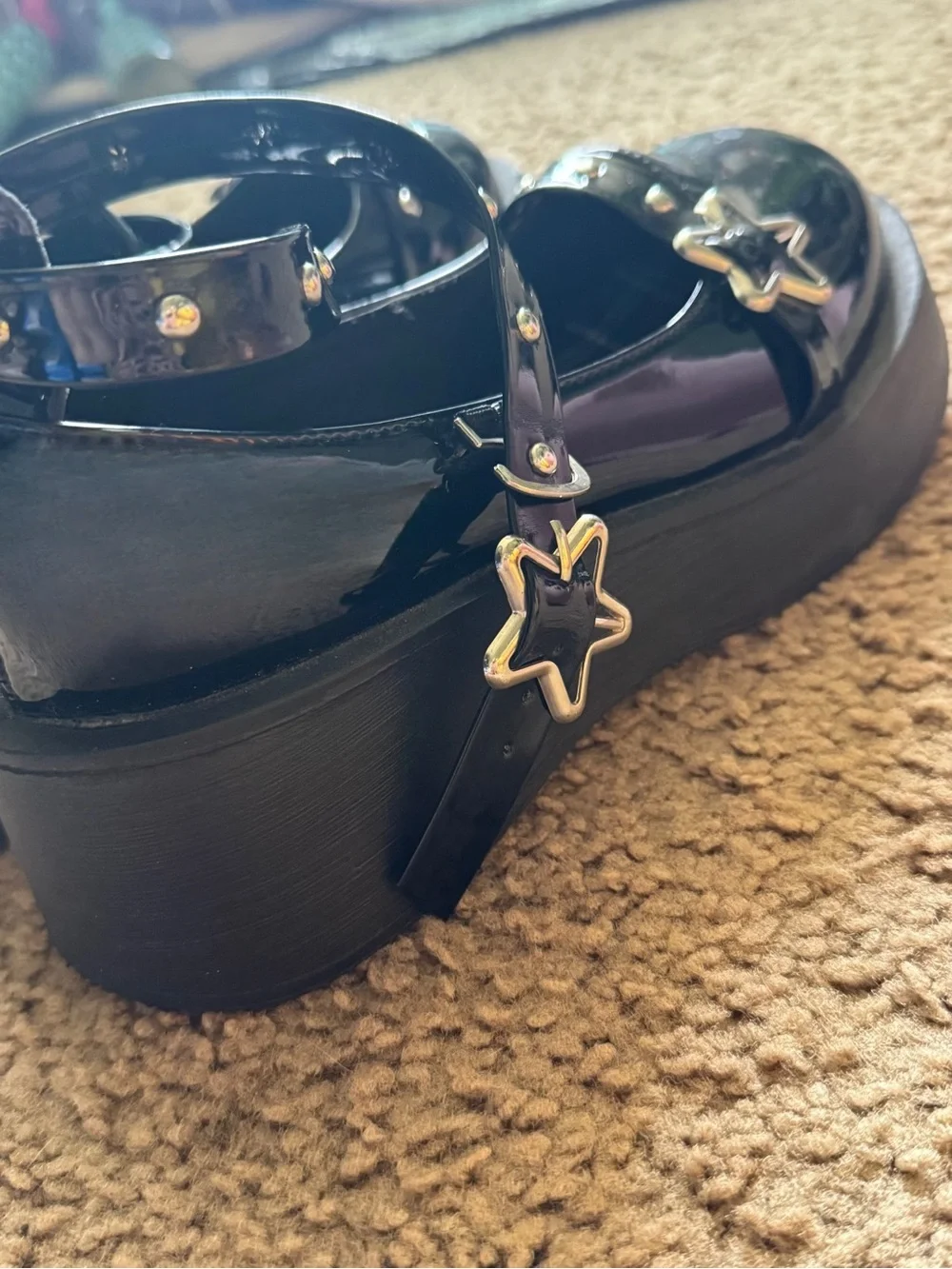 Black Patent Platform Mary Jane Wedges with Star Accent